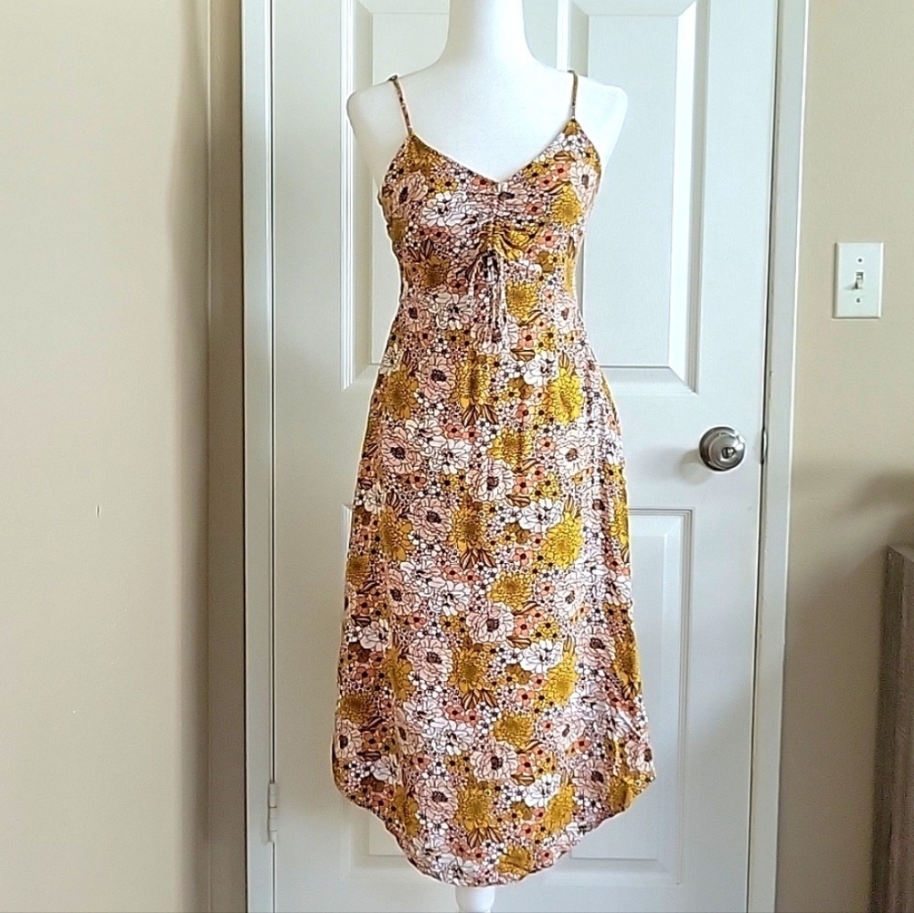 Sincerely Jules Yellow Pink Floral Printed Midi Sundress - Size Medium